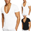 Male T-Shirt V-neck Clothing Pullover Top Short Sleeve Simple Solod Color
