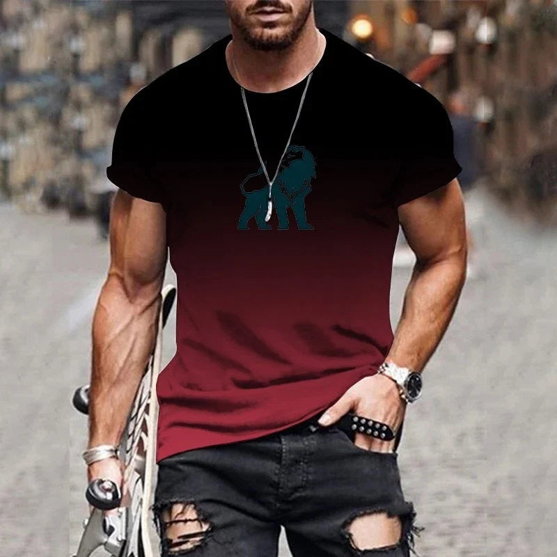 ​Mens T-Shirt Gradient Lion Print Short Sleeve Shirt Ombre Crewneck Streetwear