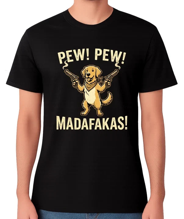 Pew Pew Madafakas Dog T-Shirt Funny Cartoon Dog Humour Graphic Unisex Tee