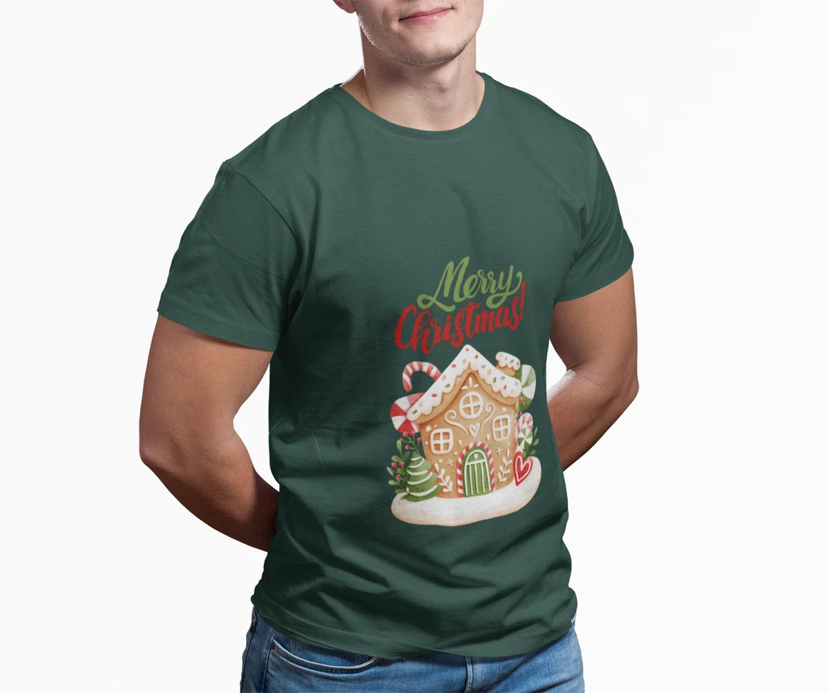 Merry Christmas Gingerbread House Tee, Holiday T-Shirt, Unisex Cotton Gift