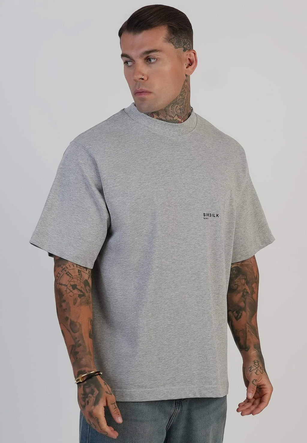 SikSilk Men's Short Sleeved Oversized Short Sleeved Graphic T-Shirt Tee Grey Mar