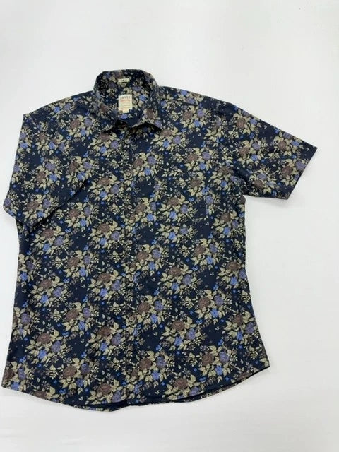 Dapper Men's Blue Floral Slim Fit Shirt 2XL Vintage Button-Up 100% Cotton