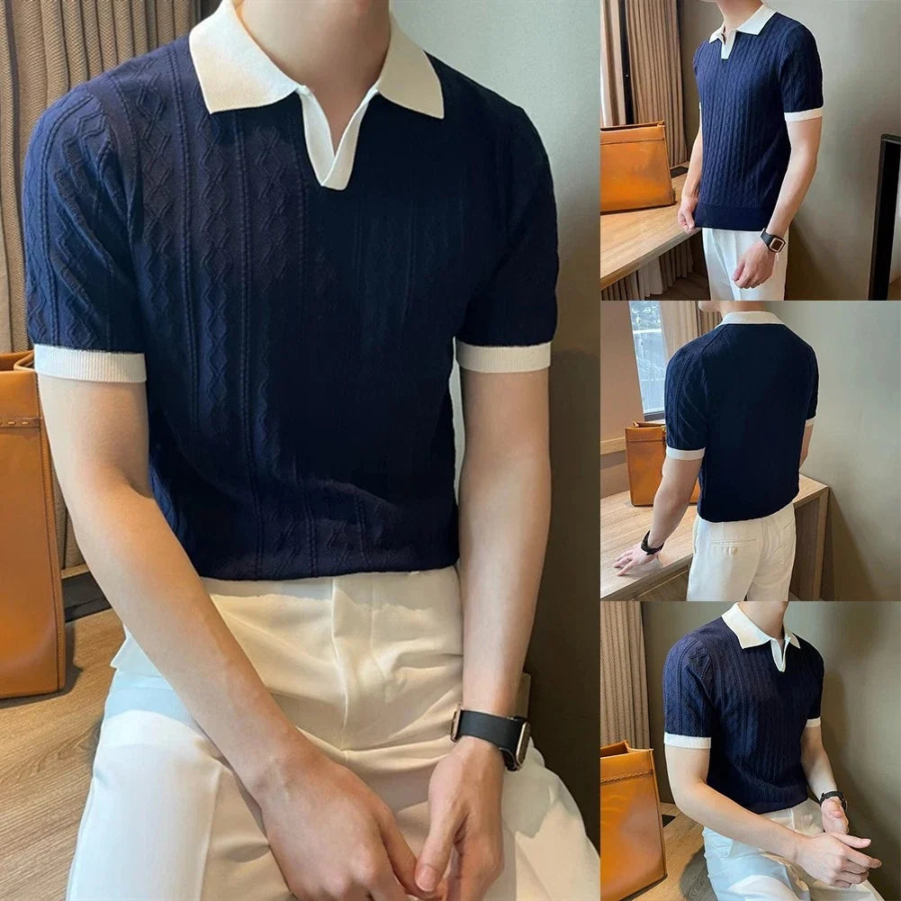 Fashionable Men's Short Sleeve Color Block Knitted Tee for Street Style