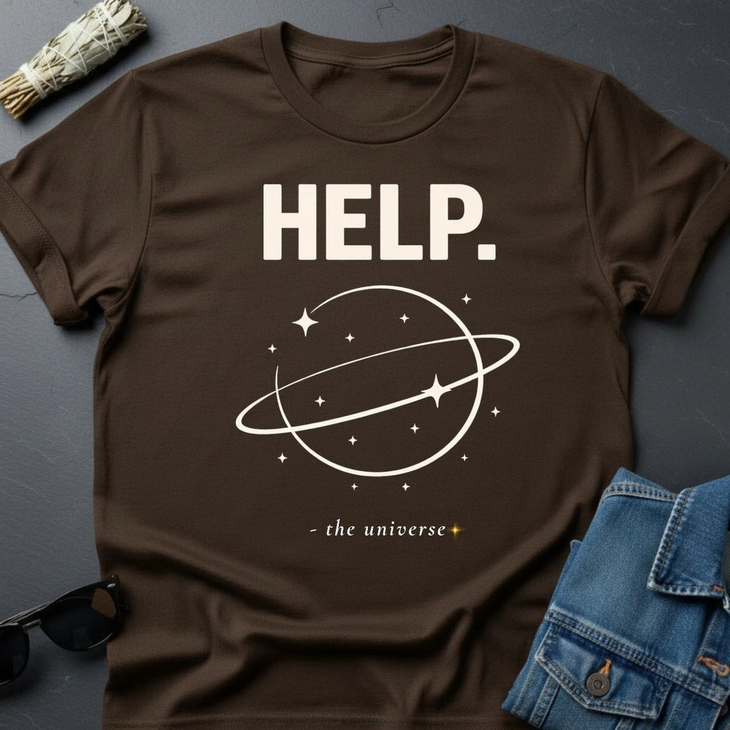 HELP. Minimalist Sarcastic T-Shirt – Cosmic Motivation Tee by Youniverses