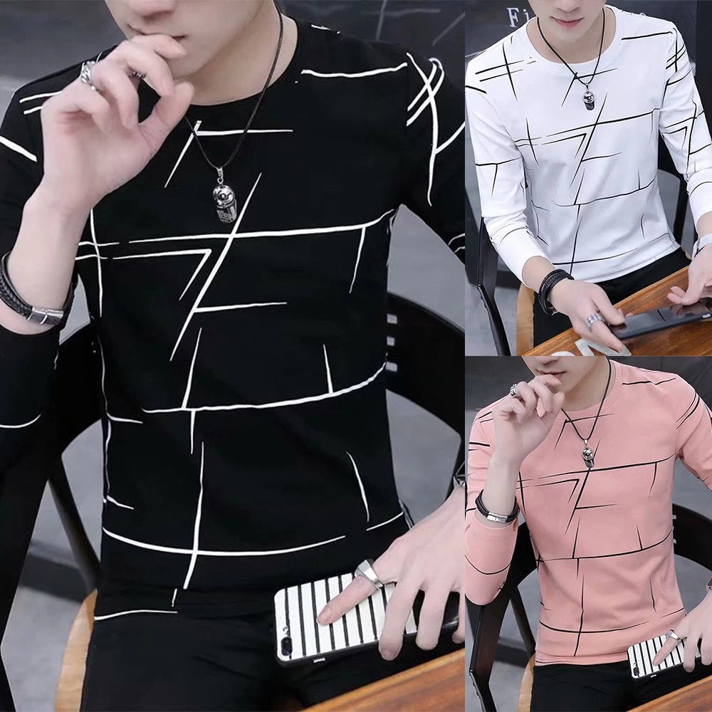 Men's Crew Neck Slim Fit Long Sleeve Muscle Top T shirt Print Blouse Pullover