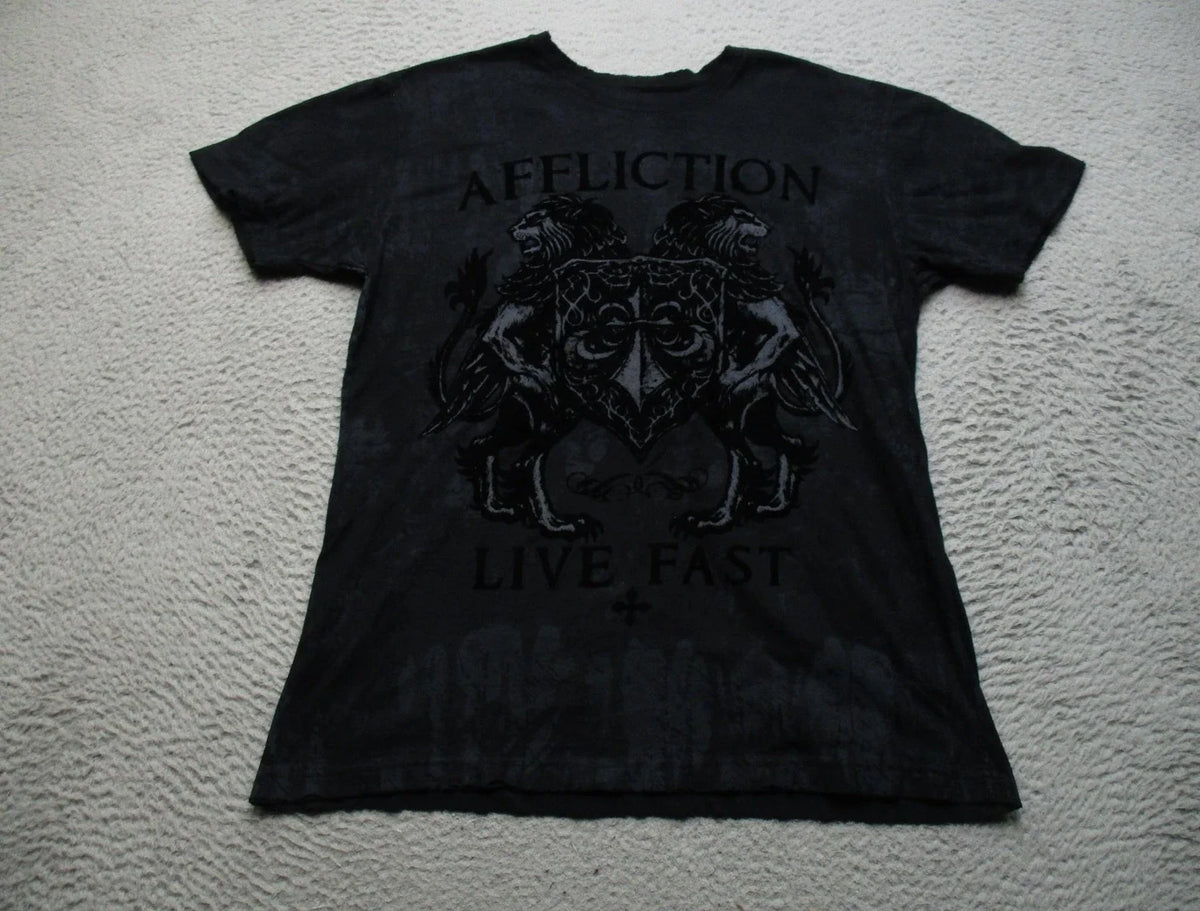 Affliction Shirt Mens Medium Black Live Fast Lions Cross Gothic Graphic Tee Y2K