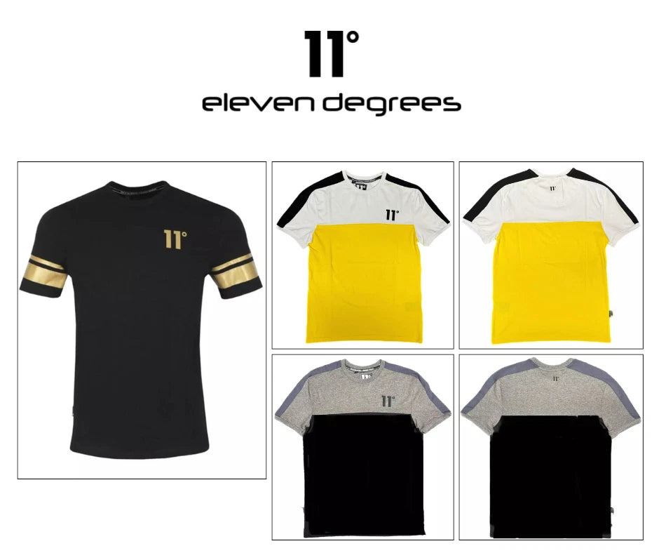 11 Degrees 11D Panel Block SS T Shirt Grey Black, White/Yellow, Black/Gold Tee