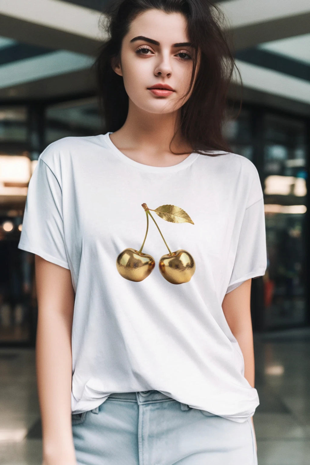 Gold Cherry T-Shirt Metallic Fruit Graphic Tee Women’s Trendy Summer Top