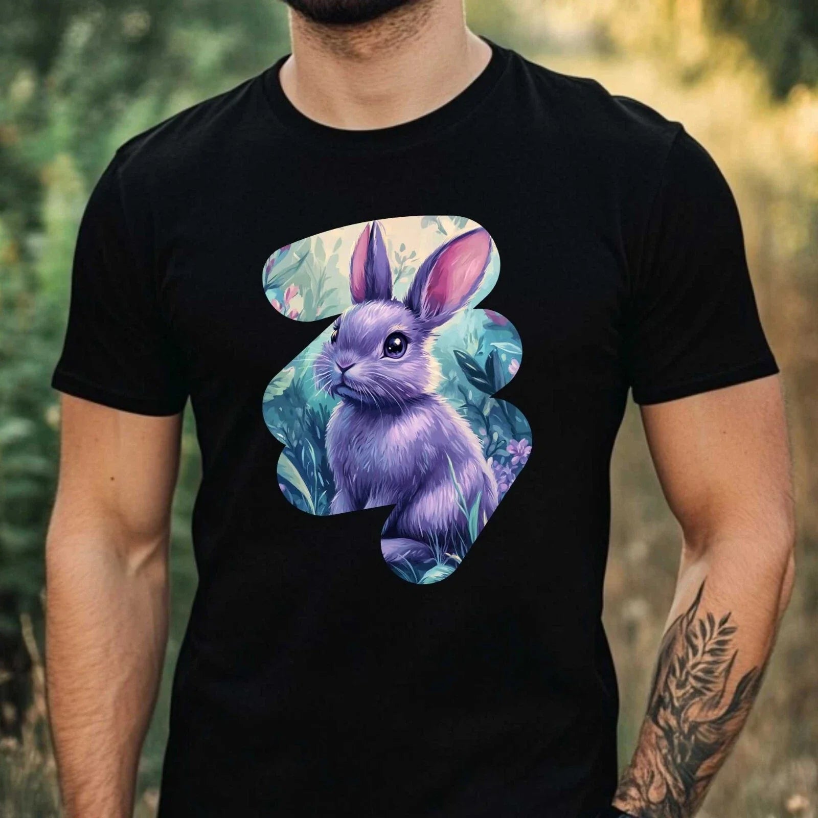 Mens Cute Purple Bunny Motif Cotton T-Shirt Size XS to 5XL