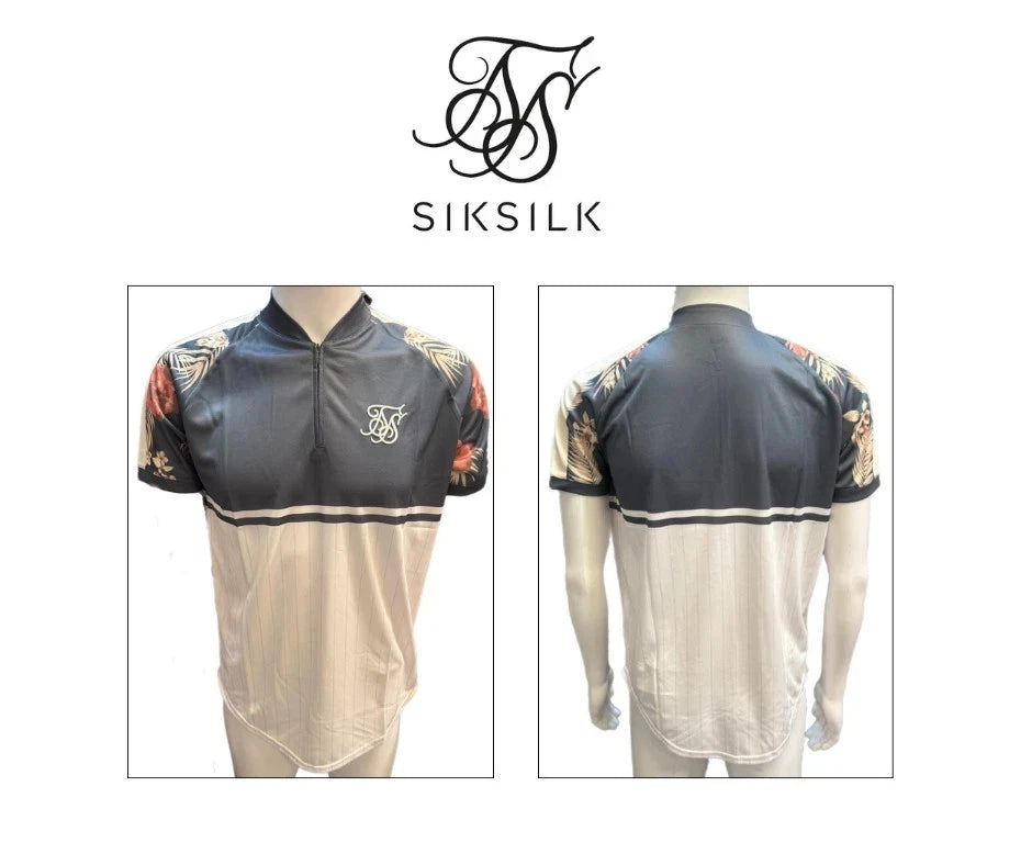 SikSilk Mens Grey/White SS T-Shirt Top Curved Hem Tee Logo Embroidery! SS-12836