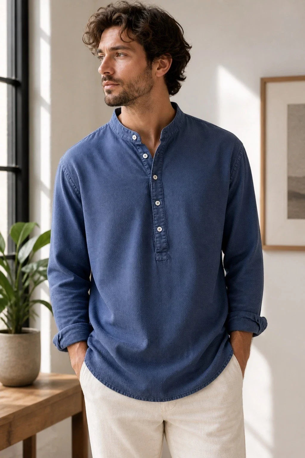 House of St Clair Shirt L Blue Henley Long Sleeve Cotton Waffle USA