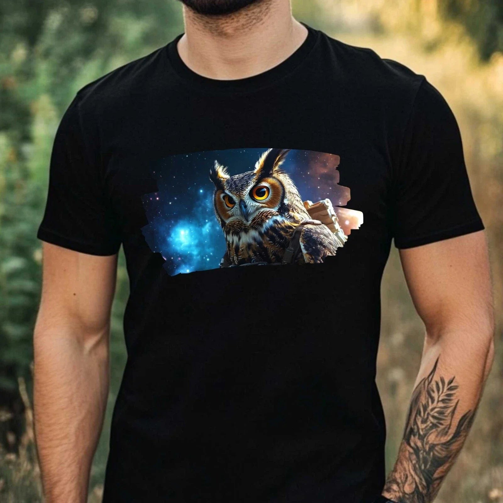 Mens Owl as Astronaut Print Cotton T-Shirt Size XS to 5XL