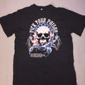 Black and multi-coloured streetwear-inspired t-shirt with a skull graphic
