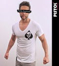 Pistol Boutique Men's White Cotton Deep V Neck Fitted Short Sleeve T-Shirt