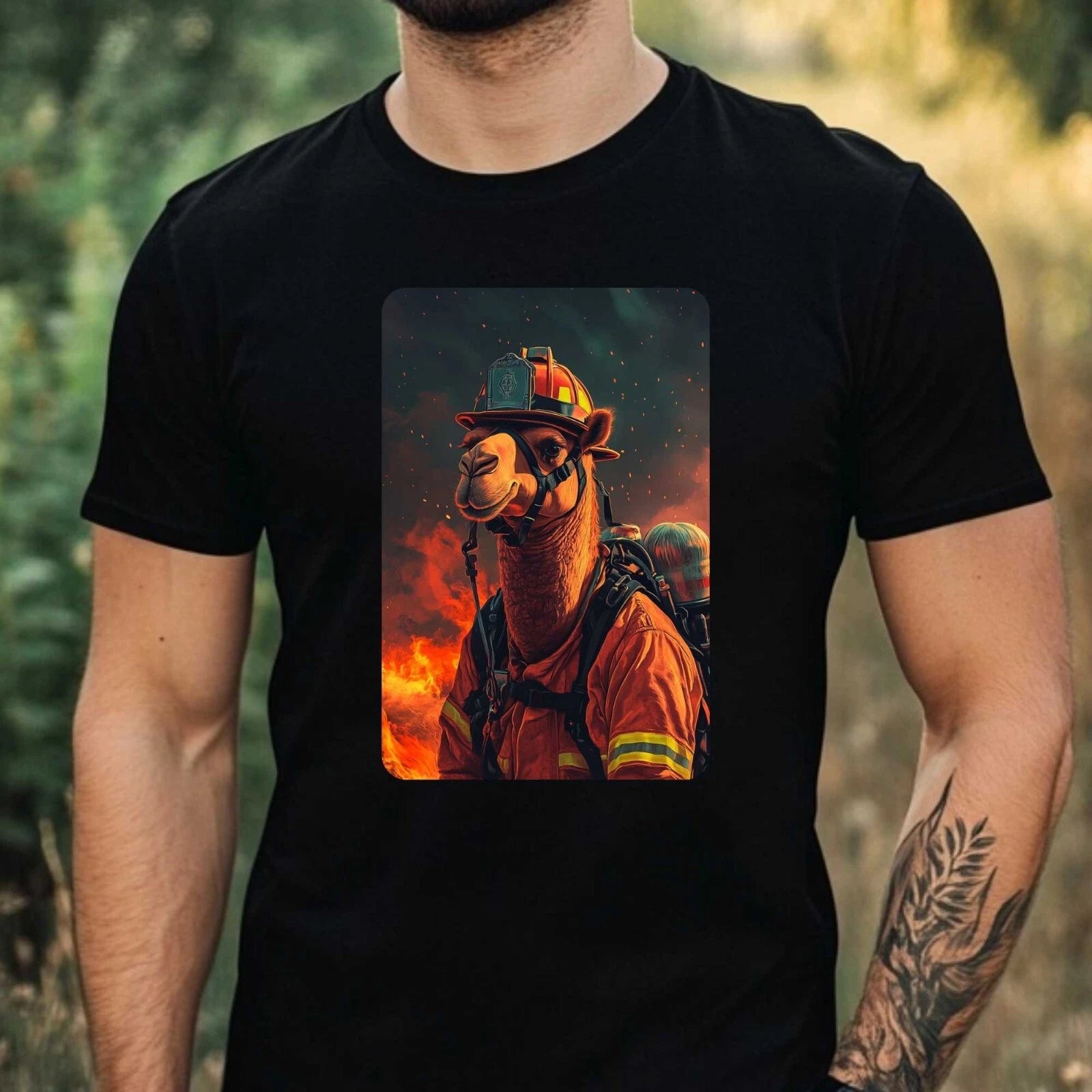 Mens Camel as Firefighter Motif Cotton T-Shirt Size XS to 5XL