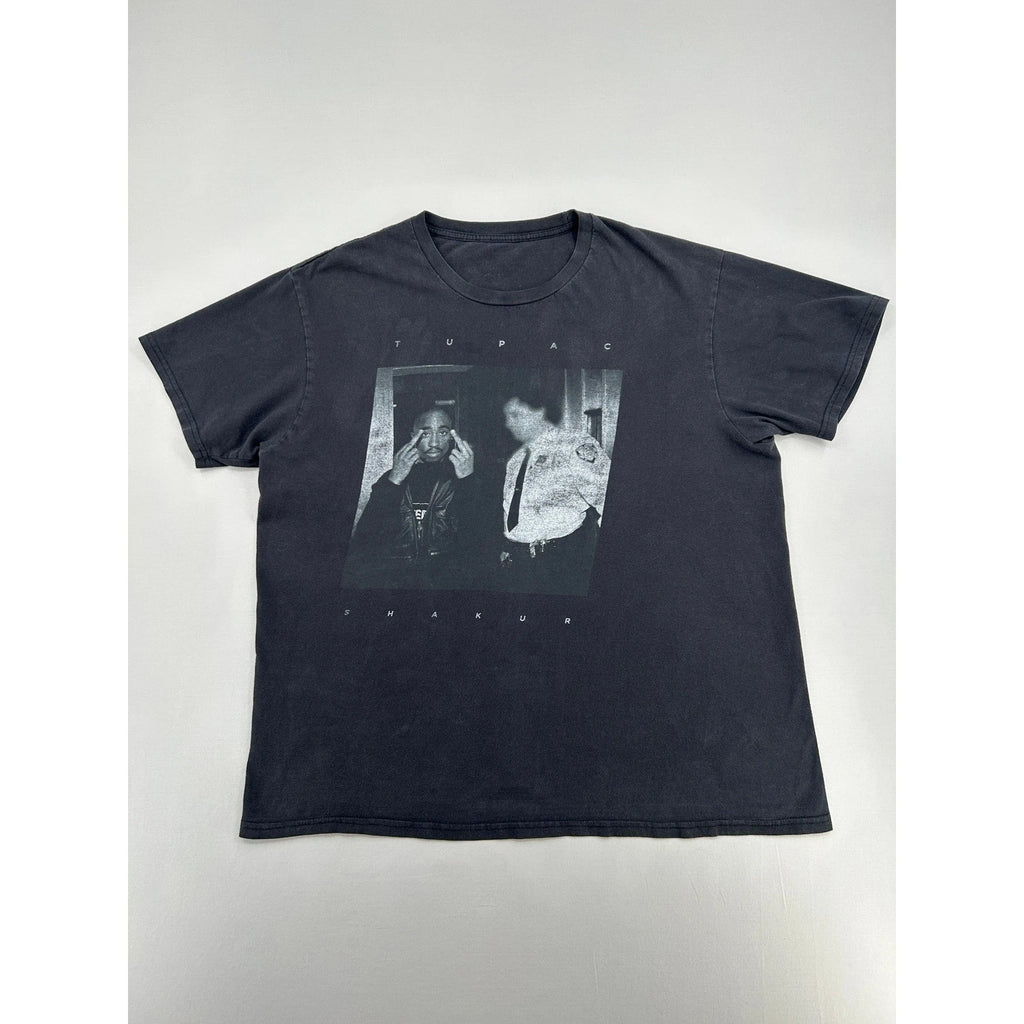 Tupac Shakur 2Pac Graphic Tee Faded Black Crewneck Hip Hop T-Shirt Mens XL