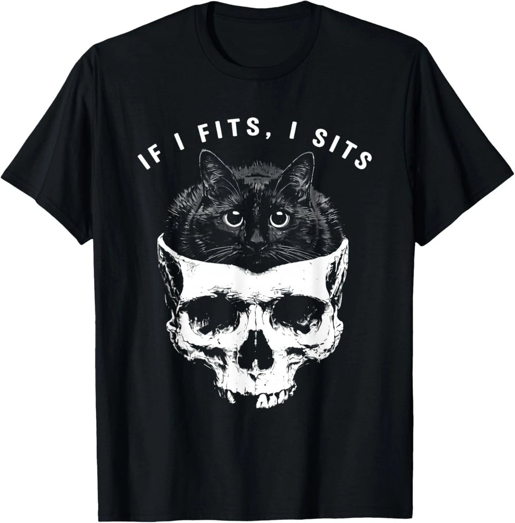If I Fits I Sits Black Cat Skull Gothic Dark Humor T-Shirt