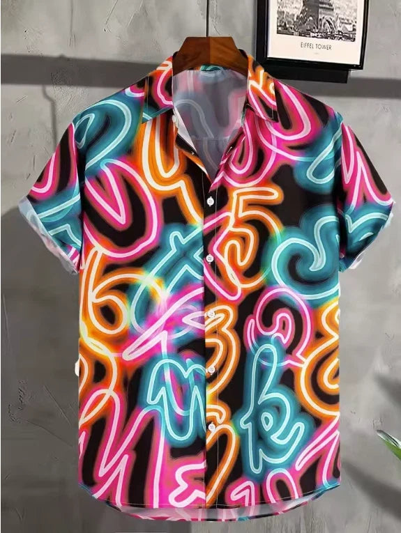 Mens Button Down Shirts Neon Party Printed Hawaiian Tops Novelty Ugly Gift