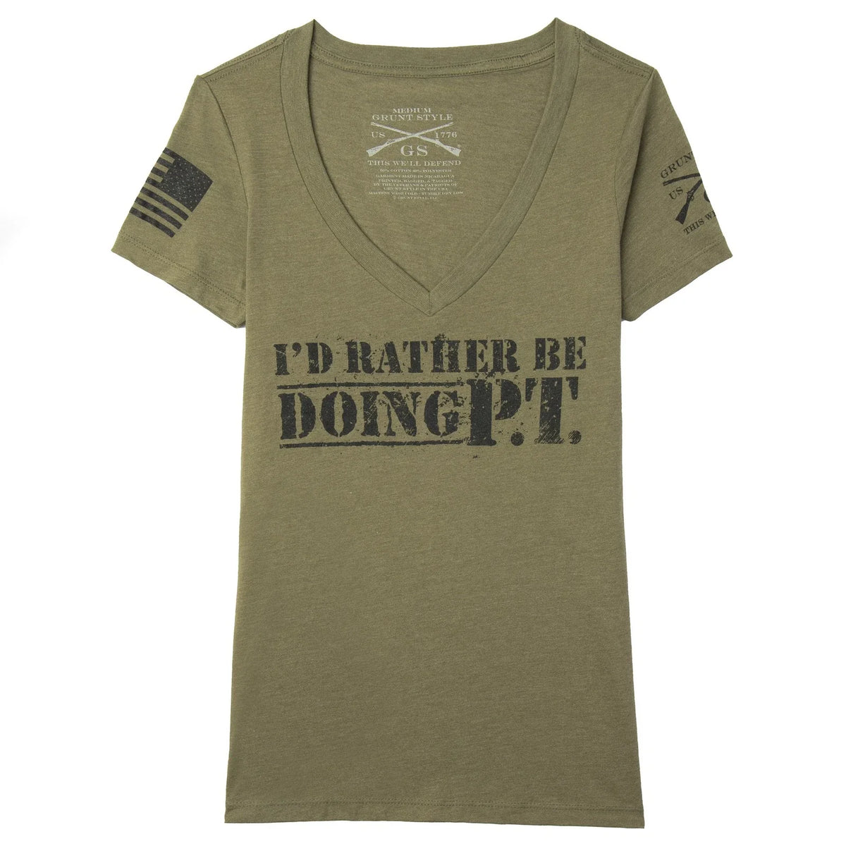 Grunt Style Women's I'd Rather Be Doing PT V-Neck T-Shirt - Military Green