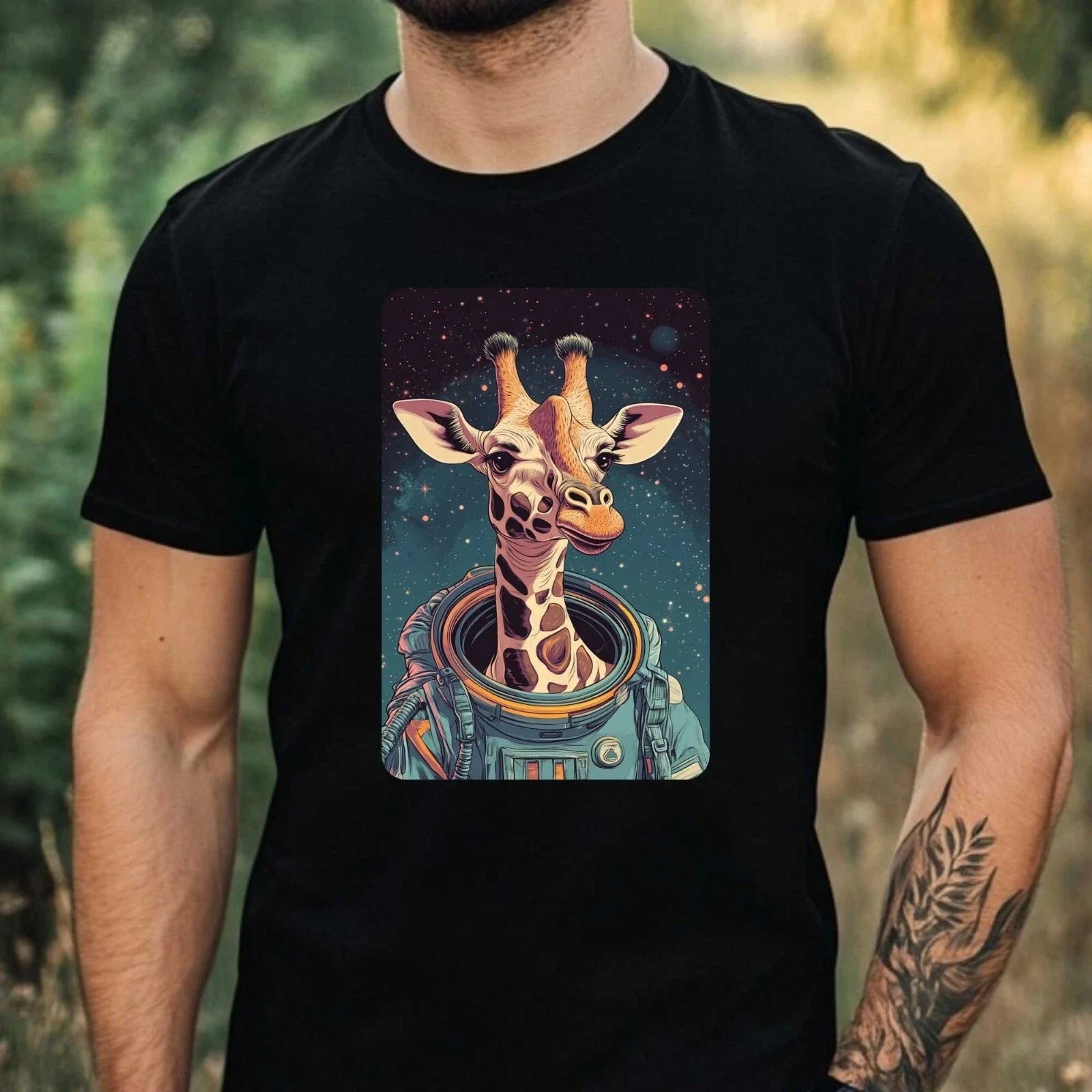 Mens Giraffe Astronaut Print Cotton T-Shirt Size XS to 5XL