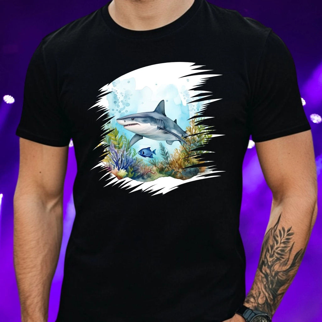Mens Shark Watercolour Motif Cotton T-Shirt Size XS to 5XL