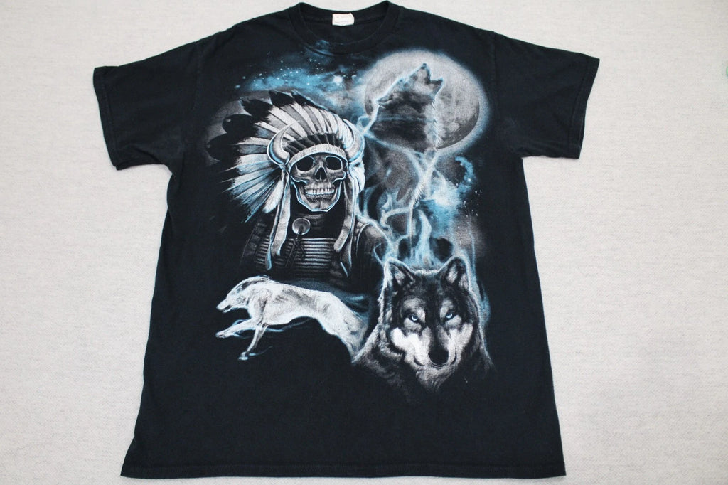 Vintage Wolf Moon Skull T-Shirt Adult Medium Black Wolfie Aesthetic