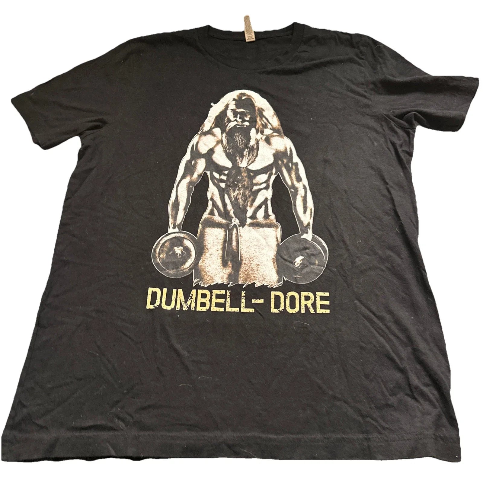 Canvas T-Shirt Men's Size Large Black ‘Dumbell-Dore’ Short-Sleeve Round Crewneck