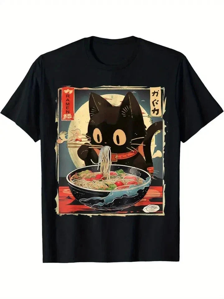 Kawaii Cat Eating Ramen Noodles Anime Gift Girls Women T-Shirt L