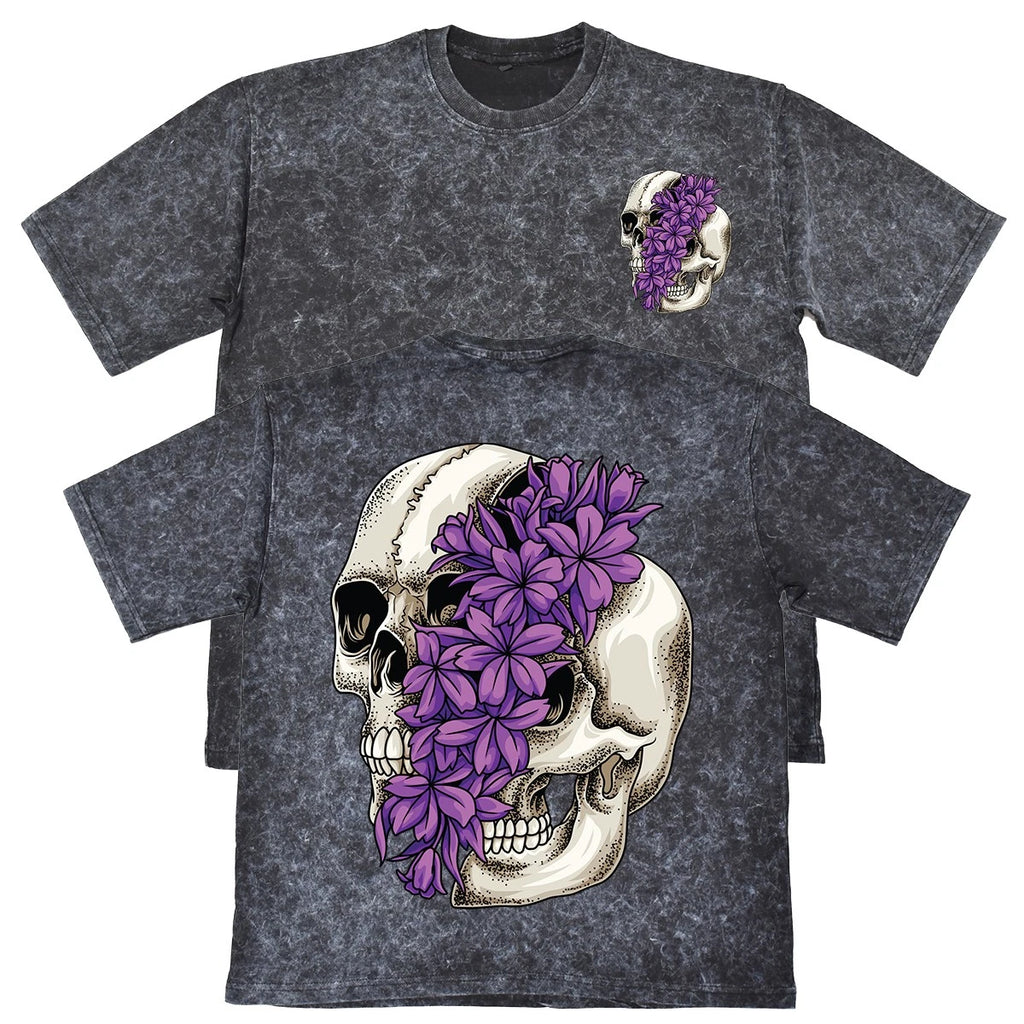 Floral Skull Unisex Mens Carbon Grey 240gsm French Terry Acid Wash T-Shirt Goth