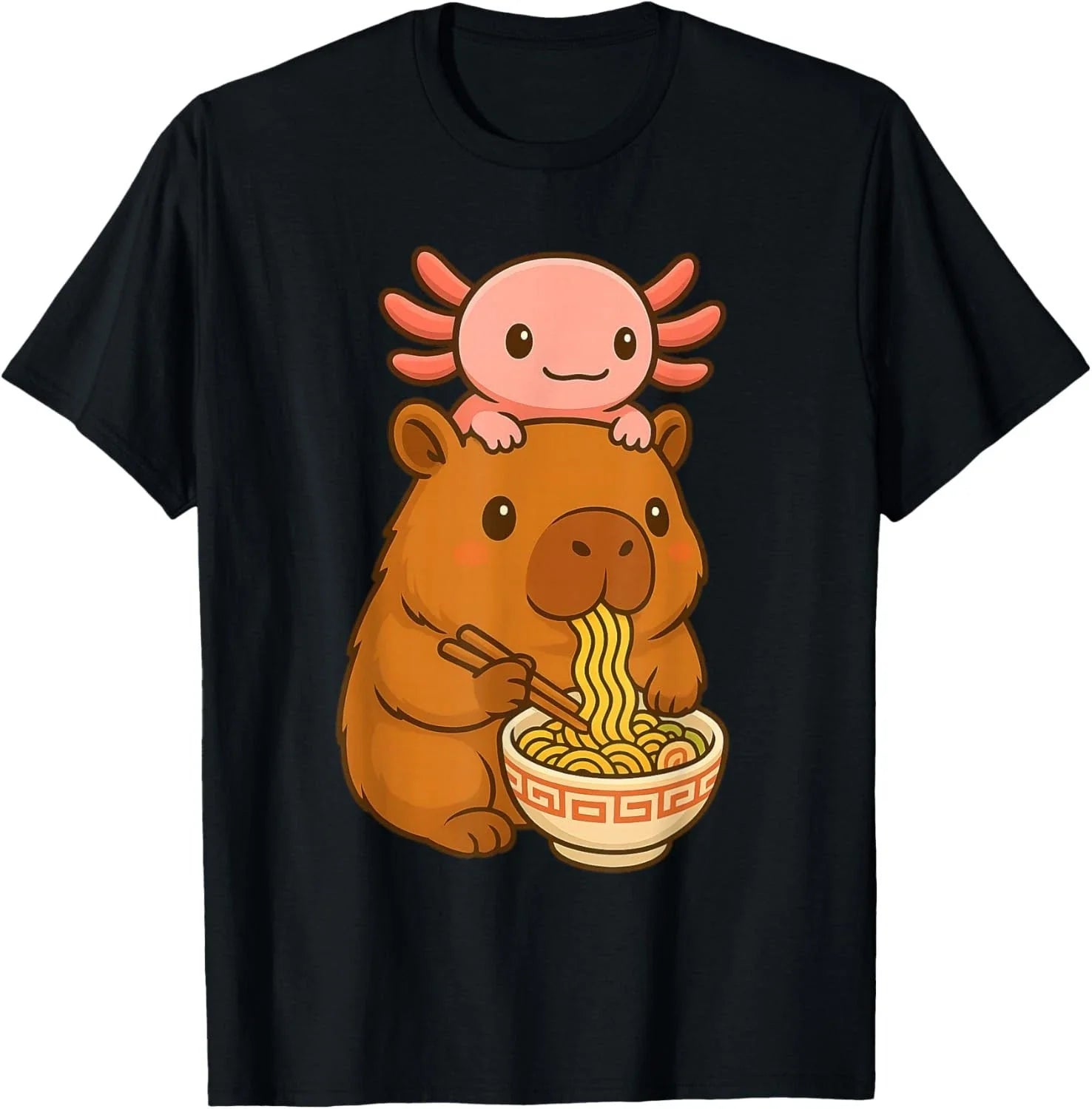 Funny Axolotl Noodle Anime Kawaii and Capybara Eating Ramen  unisex T-Shirt