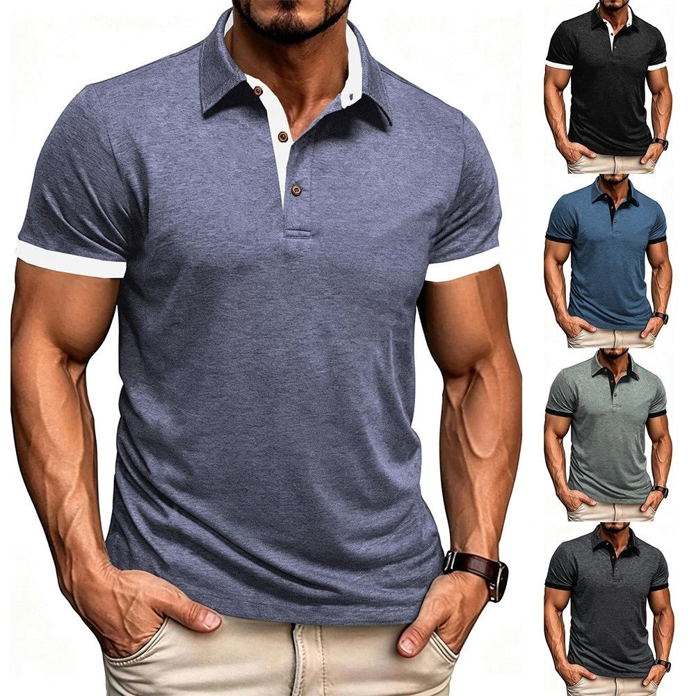 Short Sleeve Slim Fit Men T-Shirt Pullover Top with Lapel and Front Buttons