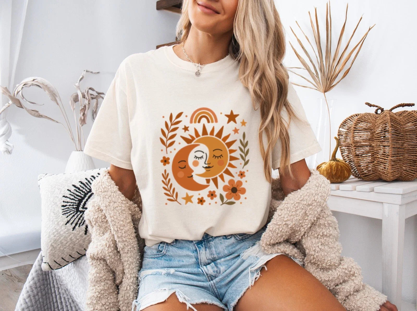 Boho Sun & Moon T-Shirt, Vintage Style Tee, Nature Lover, Summer Apparel