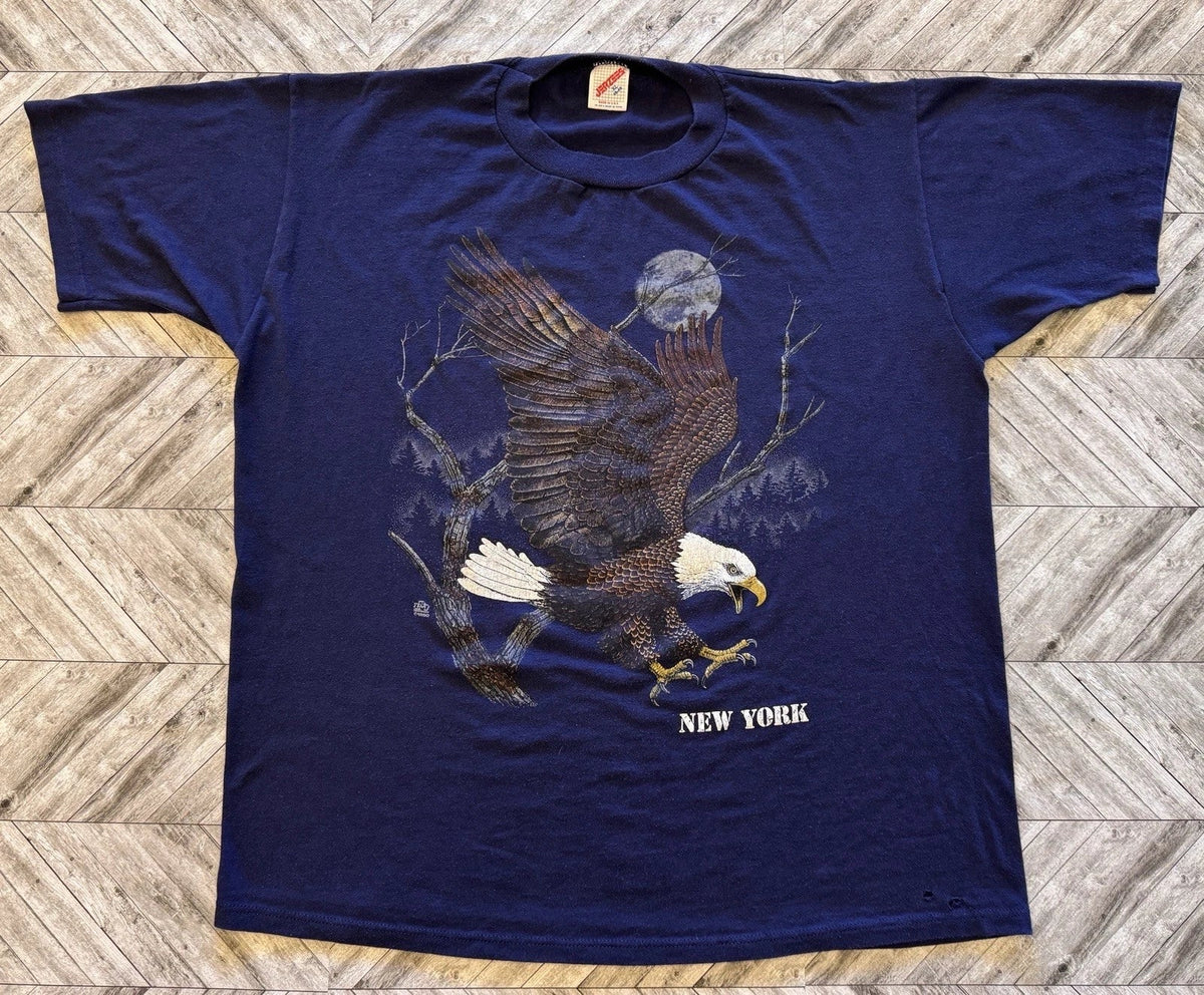 VTG New York T-Shirt Mens XL Blue USA Bald Eagle Moon Streetwear Nature Y2K NYC