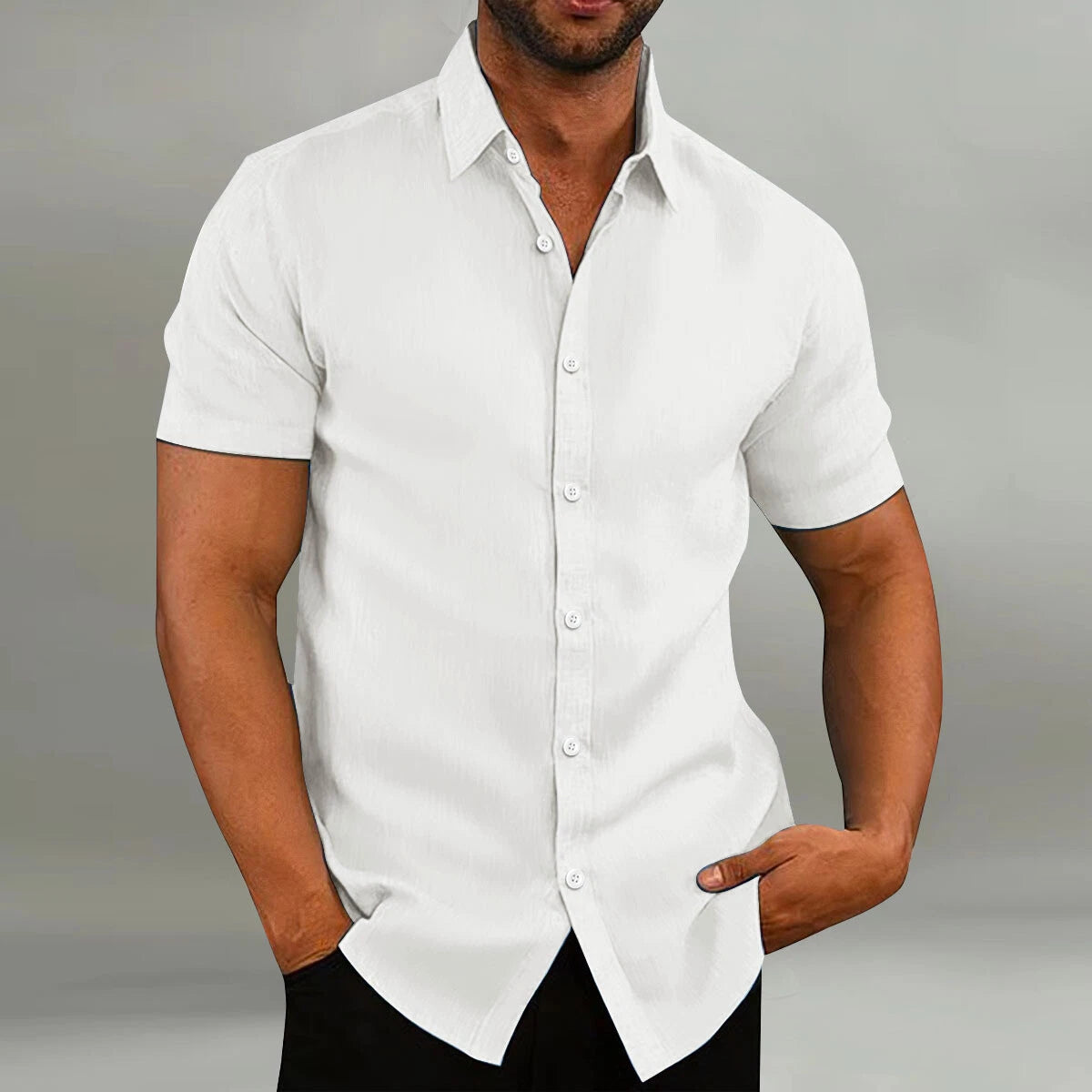 Men's Linen Shirt Casual Slim Shirts Short Sleeve Button Down Tops Blouse