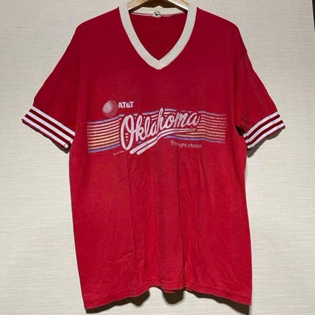 70's-80's Velva Sheen V-Neck Print T-Shirt Red Men's L Vintage