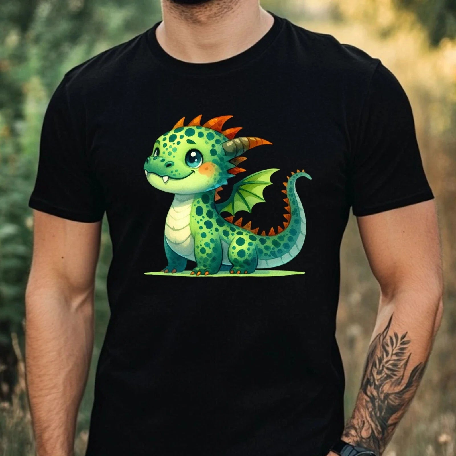 Mens Green Dragon Motif Cotton T-Shirt Size XS to 5XL