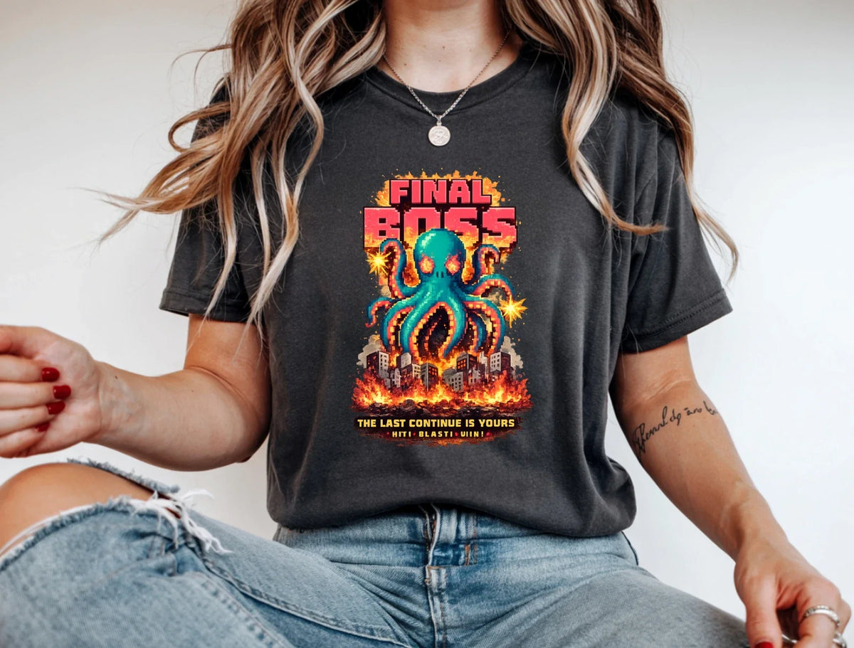 Final Boss Retro Gamer T-Shirt Pixel Octopus Arcade Gaming Graphic Tee