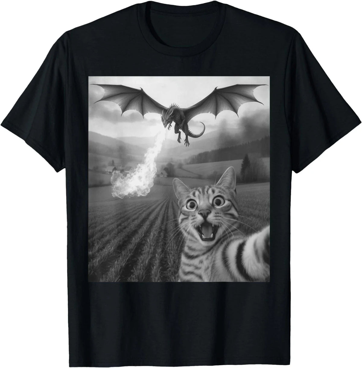 Funny Cat Selfie with Dragon Kawaii Fantasy Creature Art T-Shirt