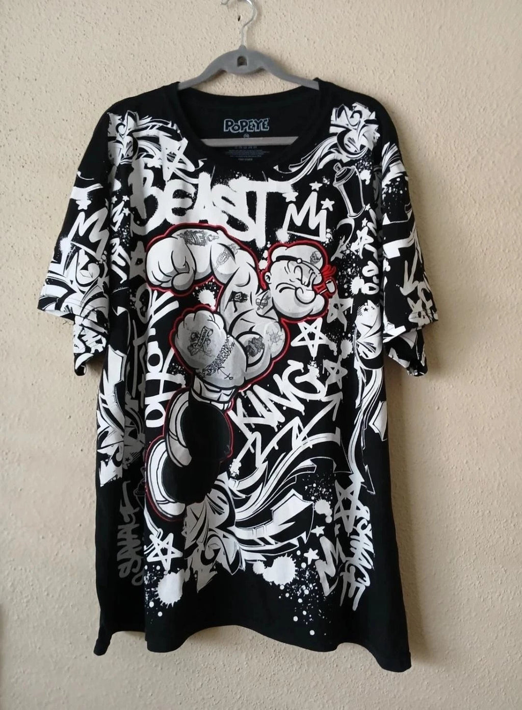 Popeye Shirt Mens 3XL Black White Graffiti Graphic Beast King Cartoon Tee Tattoo