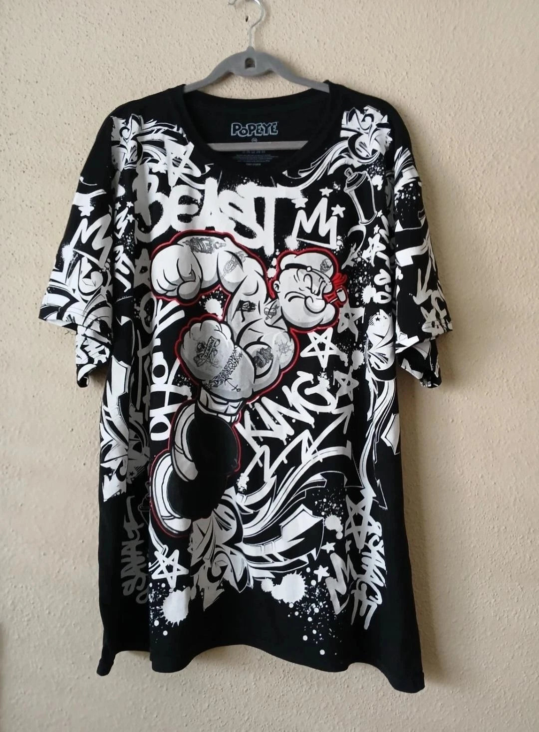 Popeye Shirt Mens 3XL Black White Graffiti Graphic Beast King Cartoon Tee Tattoo