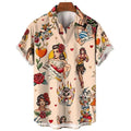 Mens Button Down Cream Rockabilly Pin Up Tattoo Flash Top Novelty Summer Shirt