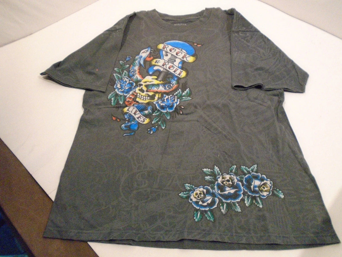 Men's T-shirt Sz L Rock and Roll Lives Graphics Original Grey Star Skulls Y2K