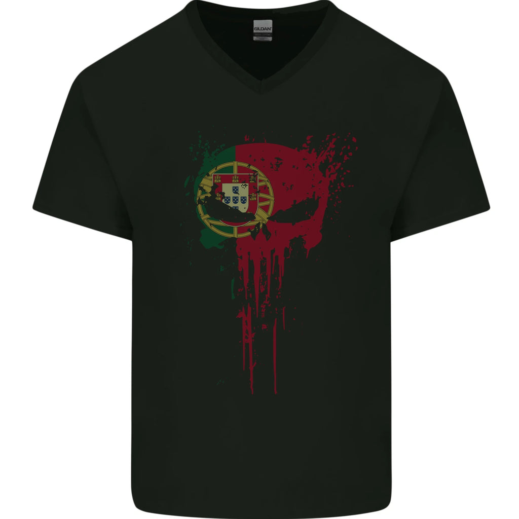 Portugal Skull Gym Training Bodybuilding Mens V-Neck Cotton T-Shirt
