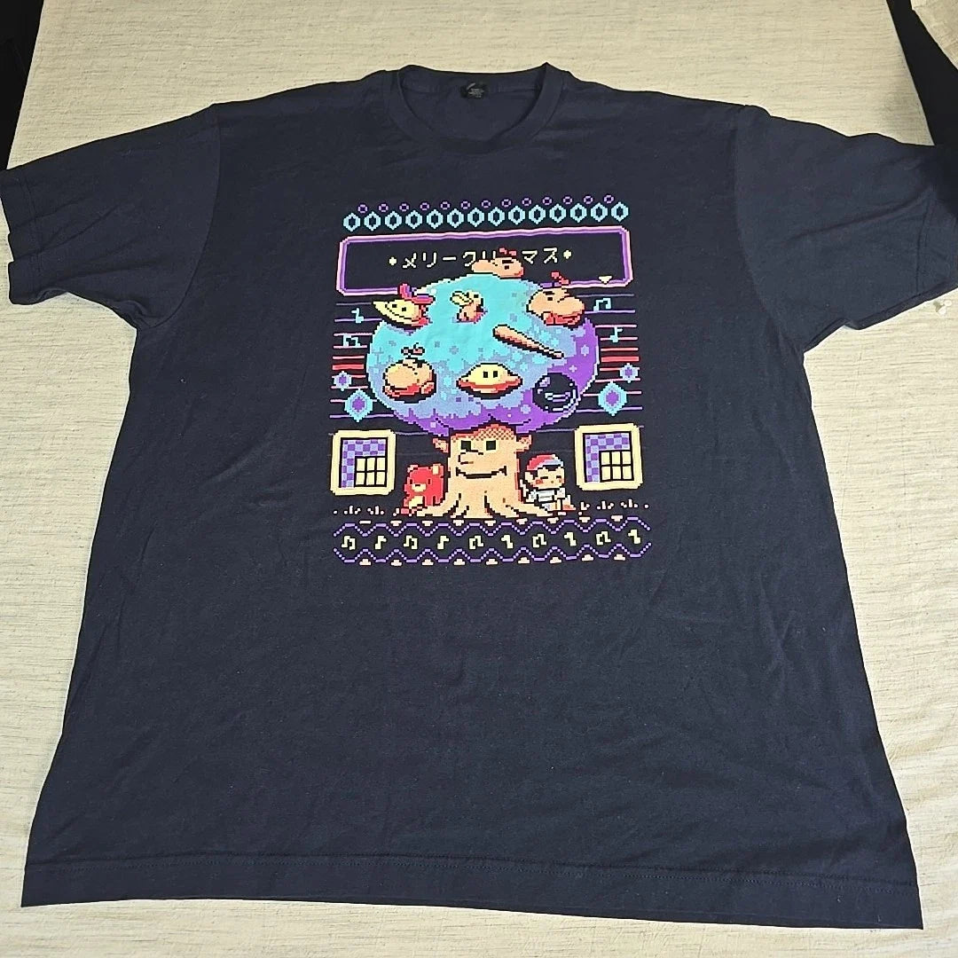 Retro Pixel Art Christmas T-Shirt XL Japanese Text 8-Bit Gaming Tree Tee