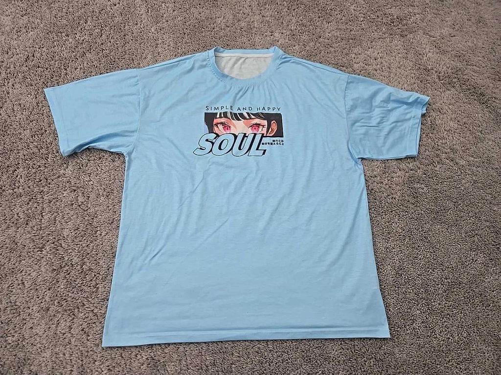 Simple and Happy Soul T Shirt Mens L Blue Short Sleeve Manga Inspired Anime