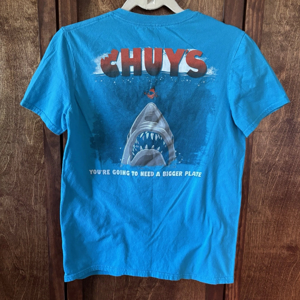 Chuy’s Jaws Themed Graphic T-Shirt Blue Size Small S Short Sleeve