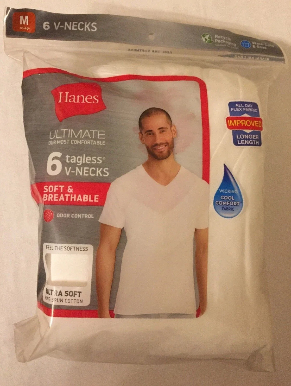 NWT Hanes 6 In Package V Neck Shirts T Tee Ultimate Men White Medium 100% Cotton