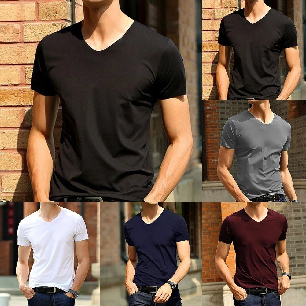 Trendy V neck Ice Silk Tee Japan Short Sleeve Trackless T shirt for Men