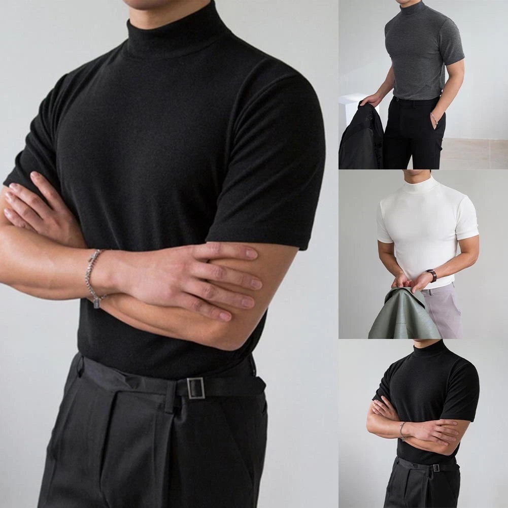 Men's Regular Length Short Sleeve T Shirt Half High Neck Slim Fit Casual Wear