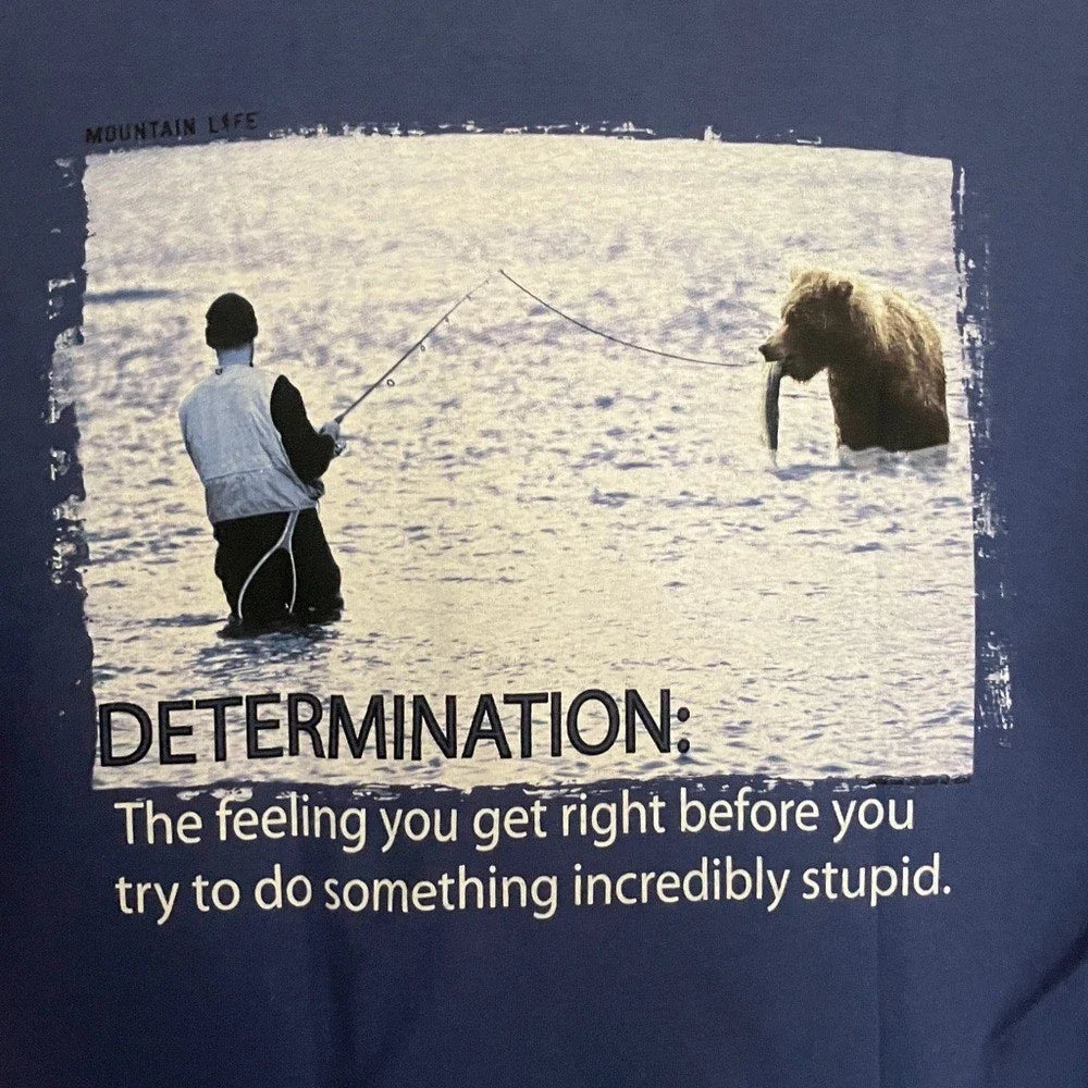 Mountain Life Colorado "Determination" Funny Graphic Blue Tee -Cotton- USA